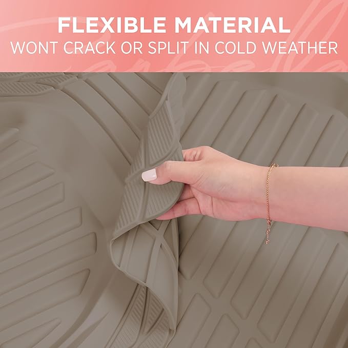 CARBELLA Heavy Duty Rubber 4-Piece Beige Car Floor Mats - Universal Trimmable All-Weather Car Accessories - Girl Car Accessories for Women & Cute Car Mats for Women for Girly Car Decor, Truck, & SUV