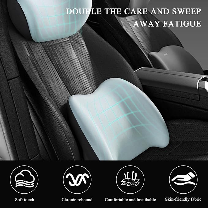Car Headrest & Lumbar Support Cushion, Ergonomic Memory Foam Car Neck Back Support w/Removable Cover, Universal Breathable Lumbar Cushion Headrest Pillow with Adjusatble Strap (Sky Blue)
