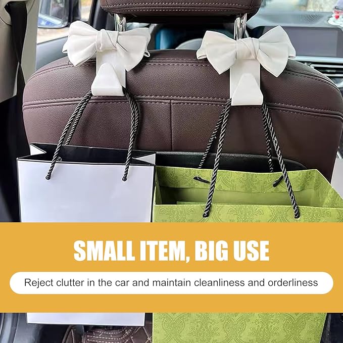 2 Pack Car Seat Headrest Hooks, Cute Bow Design Backseat Hook Storage Organizer for Purses, Handbags, Coats, Umbrellas, Cute Car Accessories for Women and Girls (White Leather)