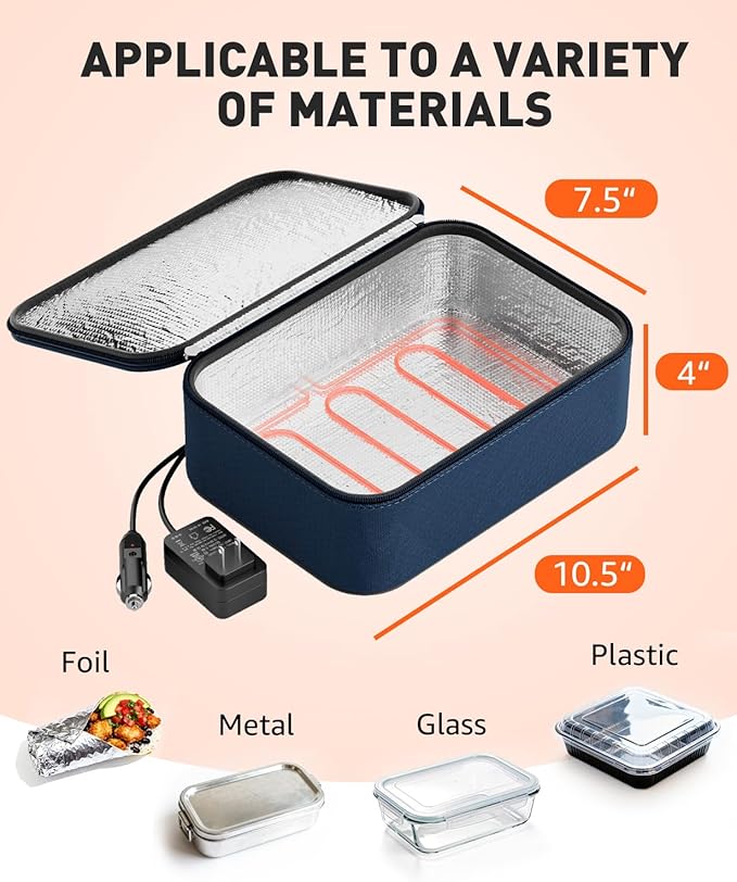 Portable Food Warmer - Heated Lunch Box for Adluts - Electric Thermal Lunch Bag with Buckle Handle, Heating Food Warmer Bags for 12V/24V Car & Truck, 110V/220V Home/Office, Navy Blue