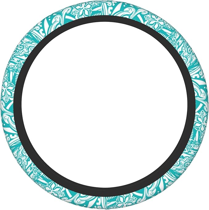 Hawaiian Teal Tribal Turtles Car Steering Wheel Cover for Women Men Stretch Cloth Anti-Slip Wrap Protector Case Fit Universal Auto Accessories Decor Sweat Absorption 14-15 Inch