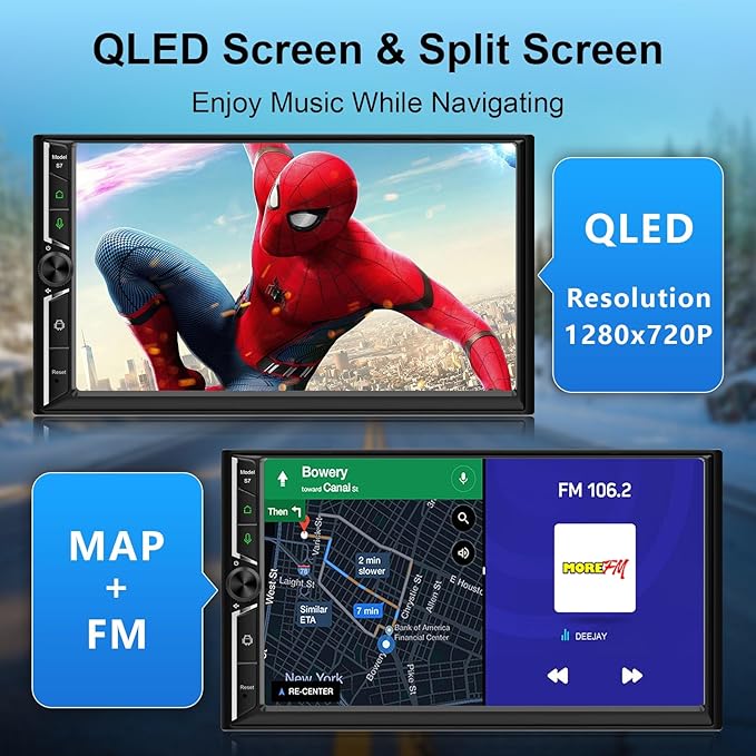 Double Din Car Stereo Wireless Apple CarPlay Android Auto,7 in Android Car Radio Head Unit with QLED Touchscreen, Bluetooth,WiFi, GPS Navigation, FM/USB/SWC/AUX/Subwoofer