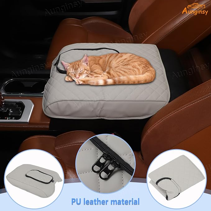 Aunginsy Leather Center Console Armrest Cover Compatible with Toyota Tundra 2014-2021, Car Middle Console Cushion Lid Pad Waterproof Protector, Armrest Seat Box Cover with Storage Bag Accessories