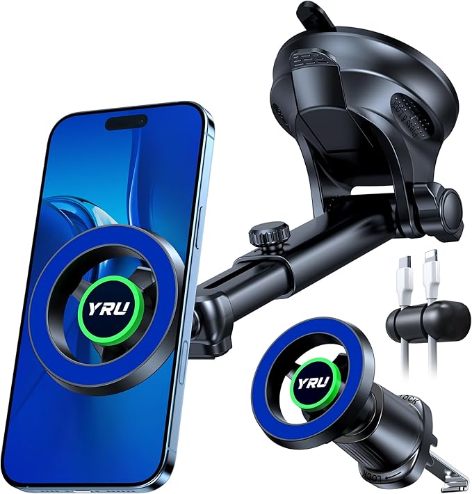 YRU [2026 Military-Grade] for Magsafe Car Mount 90+LBS Strong Suction 360° Adjustable Magnetic Phone Holder for Car Dashboard Windshield Vent, Cradle for iPhone 17 16 15 14 13 12 Samsung, Dark Blue