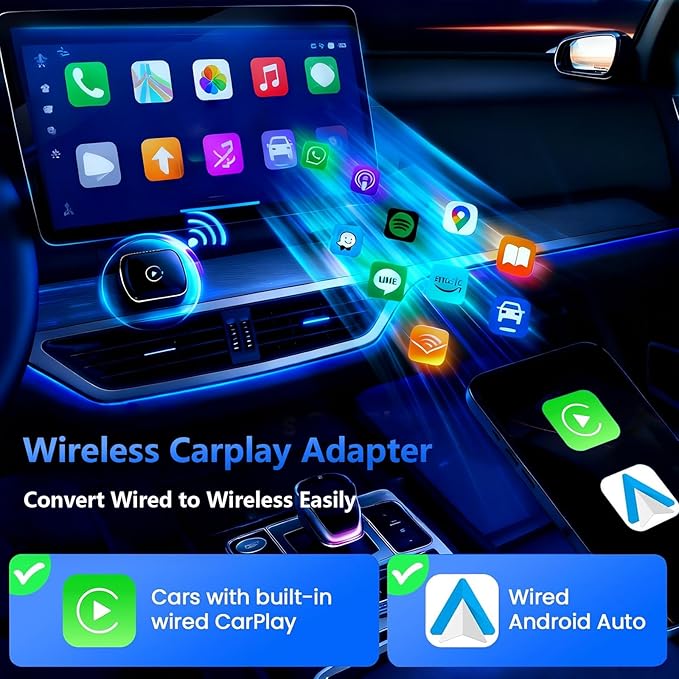 2026 Upgrade Wireless CarPlay Adapter & Android Auto, 2-in-1 CarPlay Adapter Convert Wired to Wireless, Mini Size with USB A & USB-C Extension Cable, Plug & Play, Stable Connection & No Delay (Black)