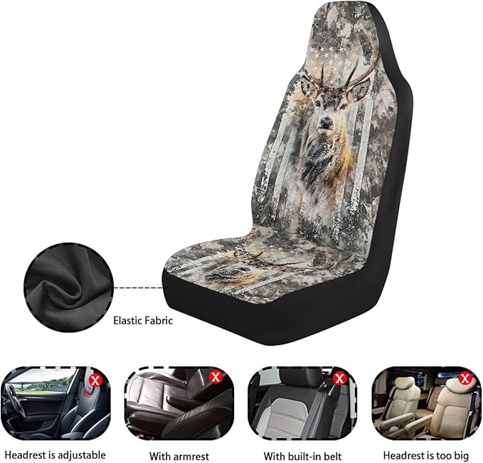 ELEQIN Deer Camo US Flag Car Seat Covers Two Front Only for Car, Automotive Interior Covers, Quick Setup Universal Fit Seat Covers for Car, Truck, SUV