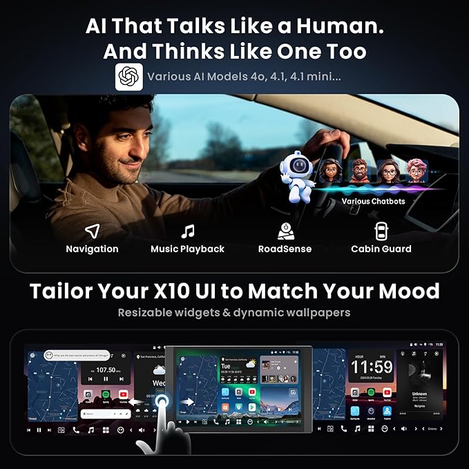 ATOTOZONE X10 12.5" QLED Floating Display Android Car Stereo, Single/Double-DIN, Dual-Cam DVR, AI Vision, Re-Mote LiveView, 7.1.2 Audio, 4V RCA, HDMI in, ADS Protocol, 8G+128G, 4G LTE, Parking Guard