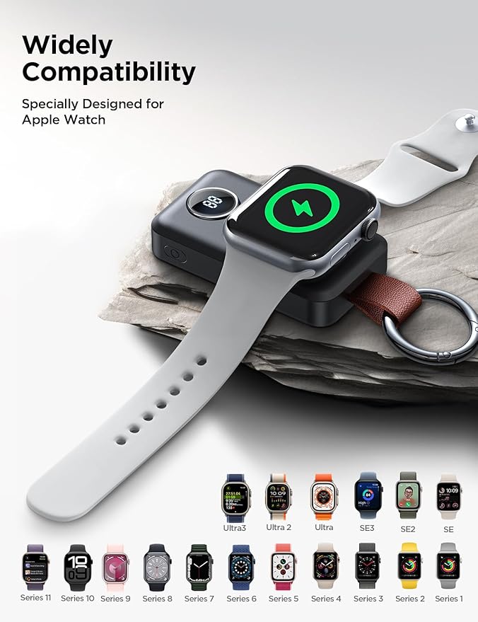 JOYROOM Portable 2000mAh Wireless Charger Compatible for Apple Watch Series 11/10/9/8/7/6/5/4/3/2/1/SE/UItra 3/UItra 2/Ultra, Compact Magnetic iWatch Charger Keychain Style Travel Essentials (Black)