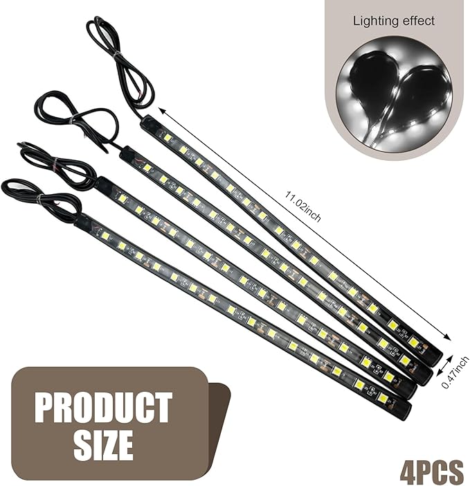 4 PCS Car LED Strip Lights, 5050-15SMD High Brightness Flexible Lamp Strips, IP67 Waterproof 12V DC Bulb with Back-Adhesive, Universal Ambient Lighting for Cars Motorcycles Boats (White)