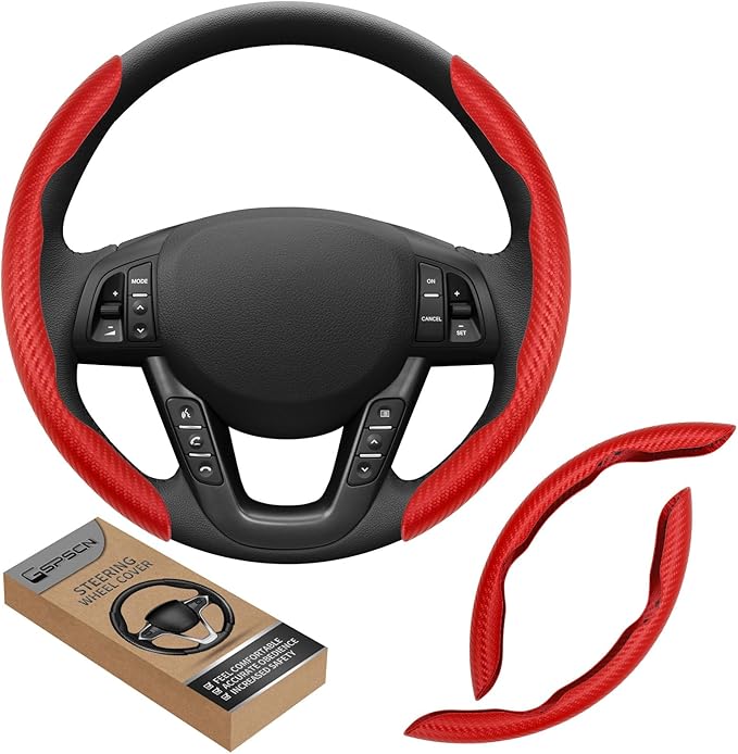 GSPSCN Universal Car Carbon Fiber Steering Wheel Cover Anti-Skid,Butterfly Steering Wheel Cover,Non-Slip Segmented Steering Wheel Protector,Fit for 99% Cars,Car Interior Accessories (Red)