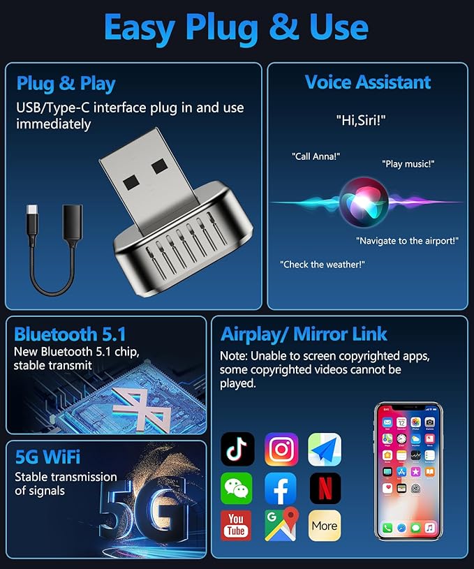 2026 4 in 1 Mini Wireless CarPlay Android Auto Adapter, Support AirPlay MirrorLink, Convert Wired to Wireless, Auto Connect for Daily Commute, Plug and Play Dongle (Gunmetal Grey)