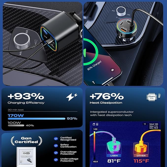 2 Car Charger USB C, AGEMANY 78W Retractable Car Charger with Cable 4in1 & 4 Ports Cigarette Lighter Adapter 85.5w Fast Charging Car Phone Charger for iPhone Android, 12v/24v Car Accessories Gift