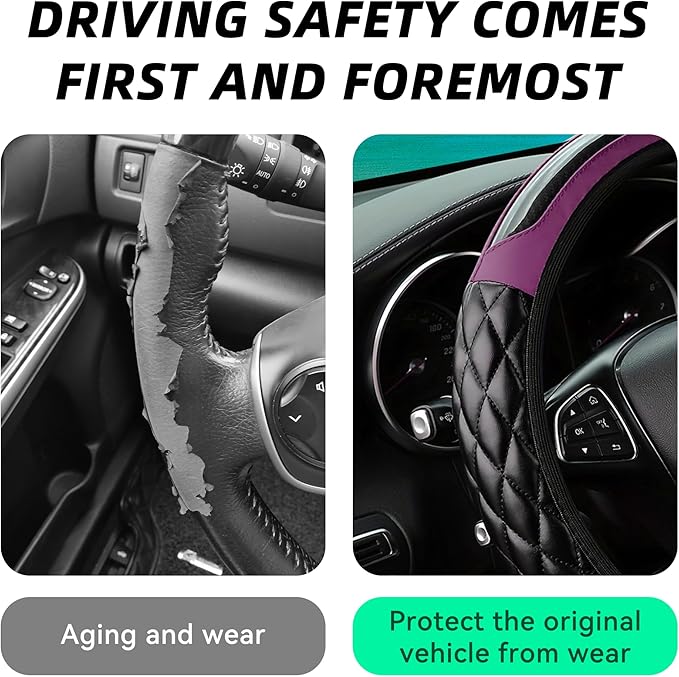 Car Steering Wheel Cover, 14.5-15inch Leather Anti-Slip Car Wheel Cover Protector, Safety Comfortable Desgin, Universal Auto Steering Wheels Accessories for Cars Truck SUV (Purple)