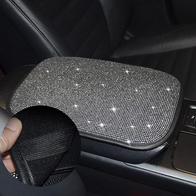 BetterJonny Auto Bling Car Armrest Cover, Crystal Rhinestone Auto Center Console Cover Pad Non-Slip Car Arm Rest Cushion Pad Universal Bling Car Accessories for Most Car (13.2 X 9.3 Inch)