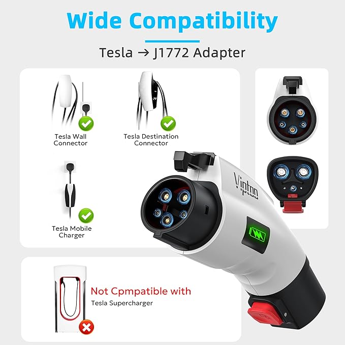 VIPTOO Tesla to J1772 Adapter 60A 250V AC — NACS EV Charging Connector with Charging Status Display for Tesla Wall/Destination/Mobile Charger, Fast & Safe Charging (White)