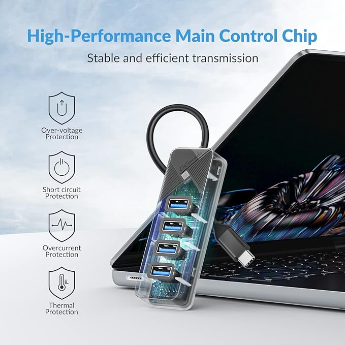GiGimundo 4-Port USB C Hub for Laptop, USB C to USB Hub Multiport Adapter 5Gbps Transfer, USB C Splitter for Laptop, MacBook Pro/Air, iPad Pro, Dell, Chromebook, Keyboard, Mouse, HDD, Black