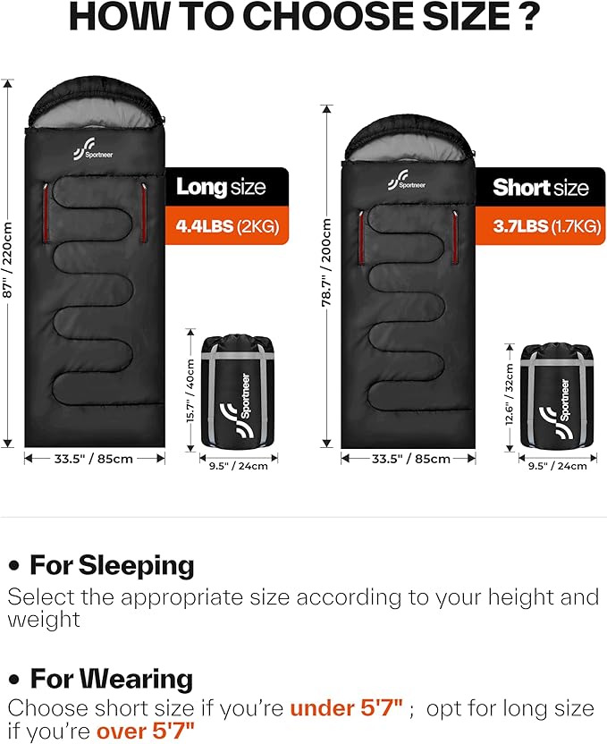 Sportneer Wearable Sleeping Bag for Adults & Kids – Walkable with Arm Zippers, Warm Weather & Cold Waterproof, Compact for Camping, Stadiums, Travel, Backpacking & Car Use