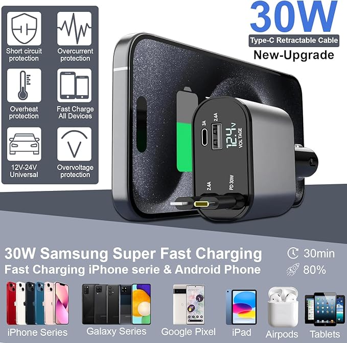 Retractable car Charger USB C, 4 in 1 Fast Car Phone Charger 120W, USBC and Lightening Car Adapter, iPhone 16 pro car Charger, Compatible with iPhone 16/15/14/13/12/11- Pro Max, Galaxy, Pixel