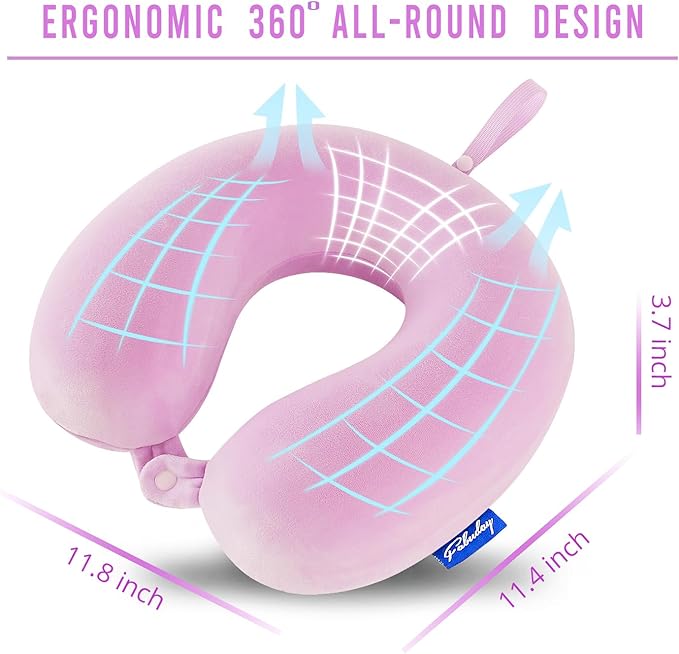 Travel Pillow Memory Foam for Airplanes - Neck Pillow for Traveling, Car, Home, Flight Pillow for Sleeping with Attachable Snap Strap Soft Washable Cover, Provide Head Neck Support Rest, Light Purple