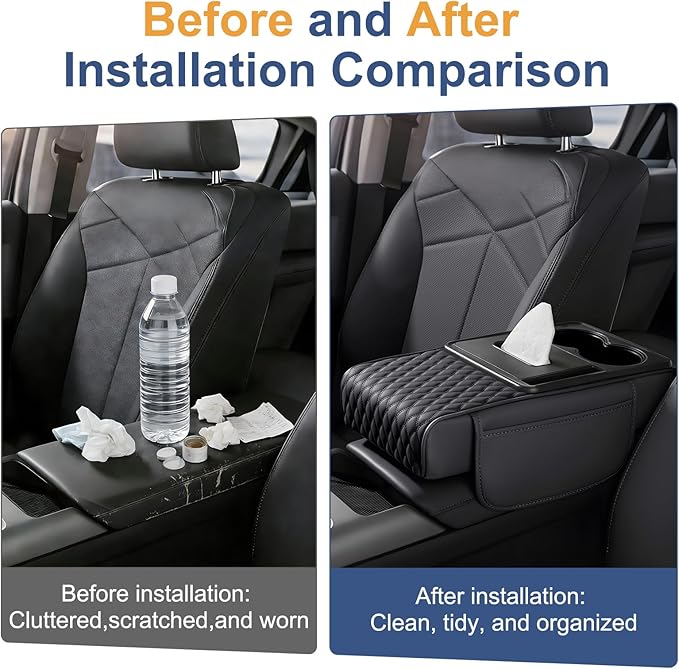 Car Center Console Cover, Upgraded Leather 5 in 1 Arm Rest Cover for Car with Cups Holder Storage Bags Tissue Box, Universal Interior Armrest Cushion for Almost Accessories Vehicles