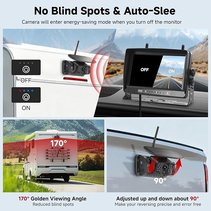 Dual Wireless Magnetic Backup Camera for Trailer - 7” 1080P HD 4CH Monitor with Solar 15000mAh Rechargeable Night Vision Rear Camera, DVR Loop Recording Waterproof No Delay for Truck,RV,Camper