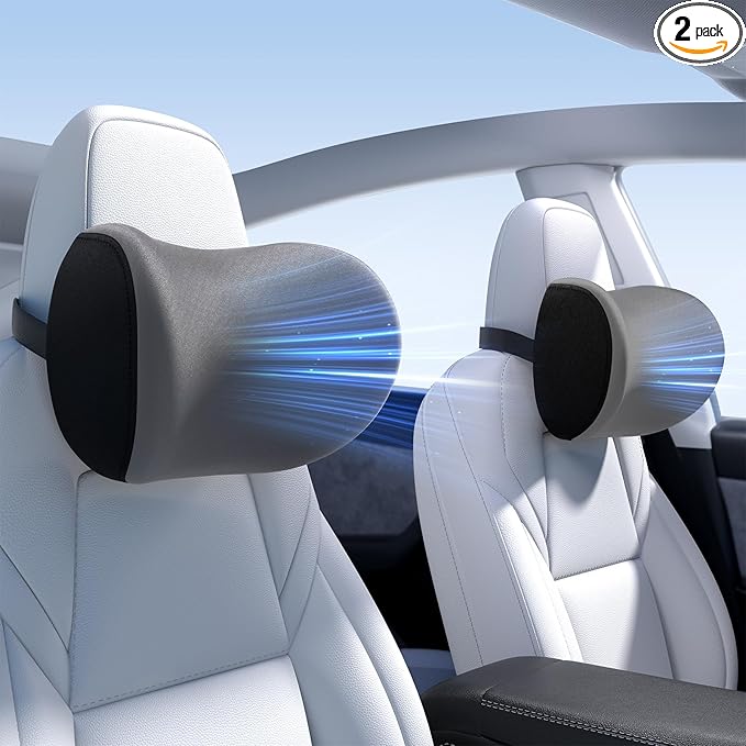 Wigoo 2026 Car Neck Pillow [No More Pressure, Odorless] Soft Car Headrest Pillow with Adjustable Strap Removable Cover 100% Memory Foam, Fits All Vehicles (Gray 2-Pack)