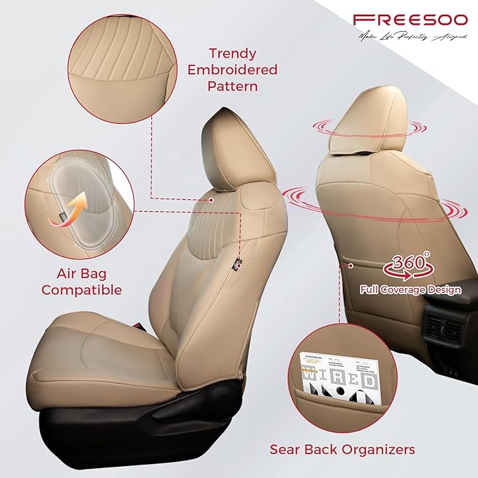 FREESOO for Toyota RAV4 Seat Covers - Custom Fit Car Seat Covers Full Set for Toyota RAV4 2024-2019 2025 LE XLE Limited XLE Premium - Luxury Waterproof Leather Seat Covers for SUV - Beige