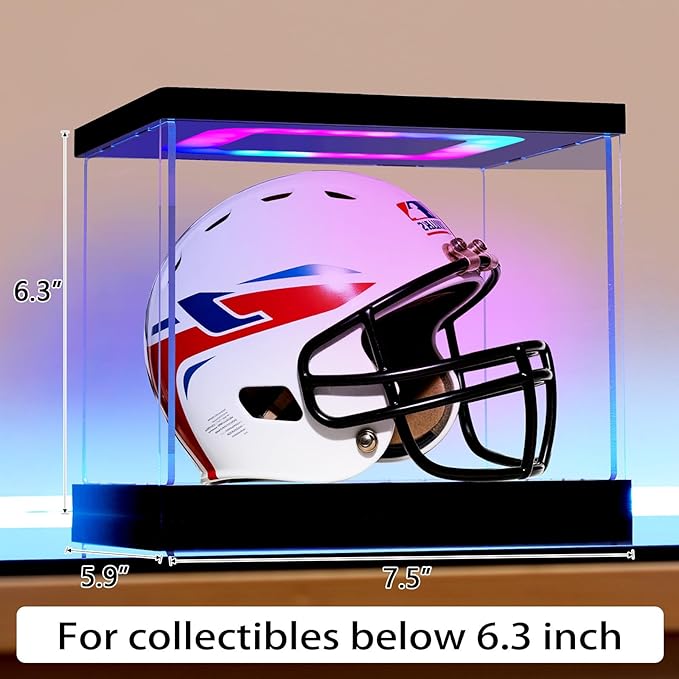 Mini Helmet Display Case with Light, Acrylic Clear 1/2 Football Baseball Helmet Showcase with Multiple Color Lights for Sports Collectibles（7.5×5.9×6.3inch）