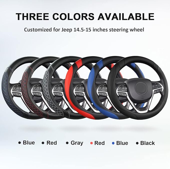 West Llama Customized Auto Car Steering Wheel Cover for Jeep Grand Cherokee,Wrangler,Compass,Gladiator,Cherokee 14.5-15 inches(Diamond Quilted-Black+Red-Standard Size)