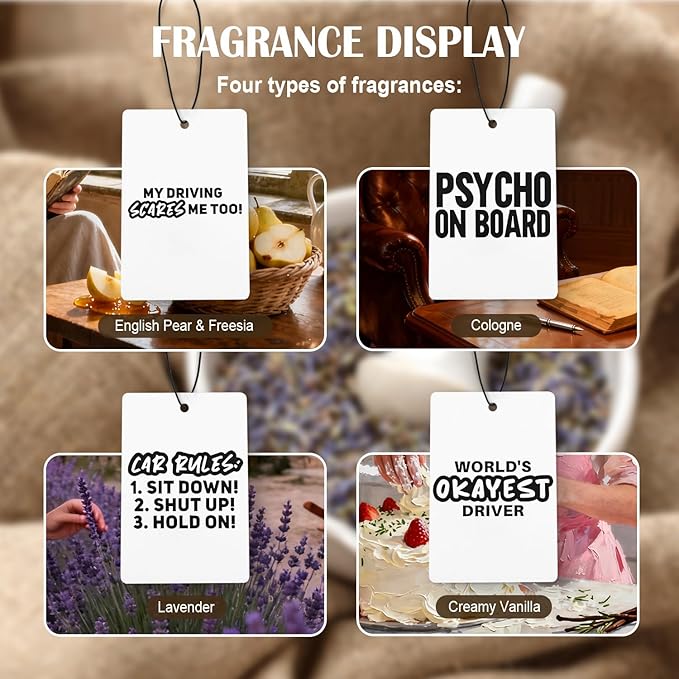 Funny Car Air Freshener 4 Pcs, Humorous Driver Driving Sign Hanging Air Freshener for Cars Closet Drawer Books, Funny Sarcastic Gifts Car Accessories for Women Men