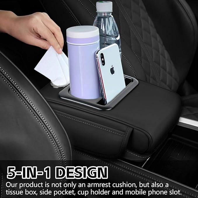 wuyaoyao Car Center Console Cover, 13.39"×8.27"×3.15" Leather Car Armrest Cover with Pocket & Tissue Box & Cup Holder, Multifunctional Auto Armrest Cushion Pad, Universal Car Accessories (Black)