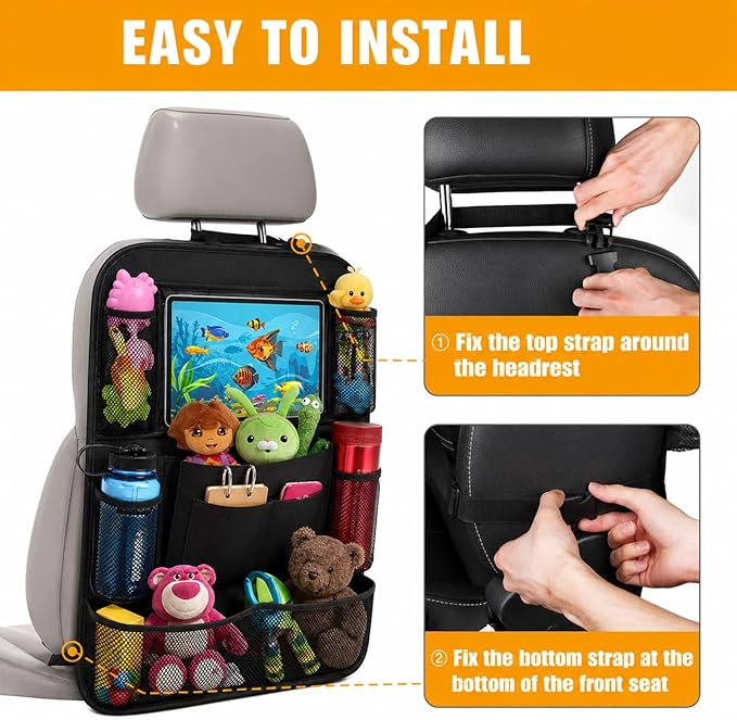 ULEEKA Car Backseat Organizer with 10" Table Holder, 9 Storage Pockets Seat Back Protectors Kick Mats for Kids Toddlers, Travel Accessories, 2 Pack