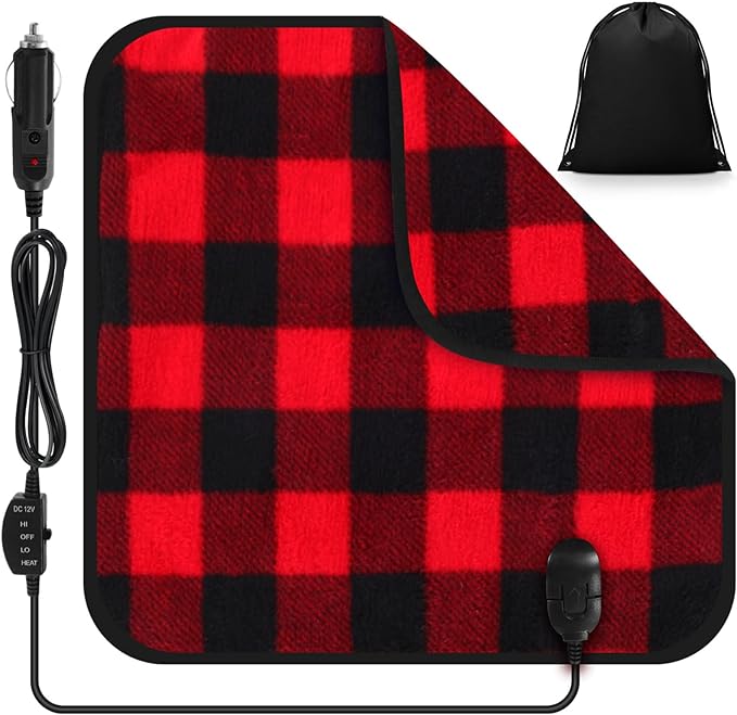 Tuanse 16 x 16 Inches Car Electric Blanket 12 Volt Heated Car Blanket with Temperature Controller and Black Storage Bag Cold Weather Tailgating and Emergency Kit(Red Black,Squares)