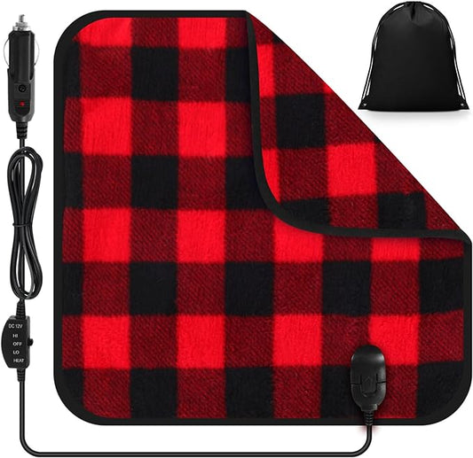 Tuanse 16 x 16 Inches Car Electric Blanket 12 Volt Heated Car Blanket with Temperature Controller and Black Storage Bag Cold Weather Tailgating and Emergency Kit(Red Black,Squares)