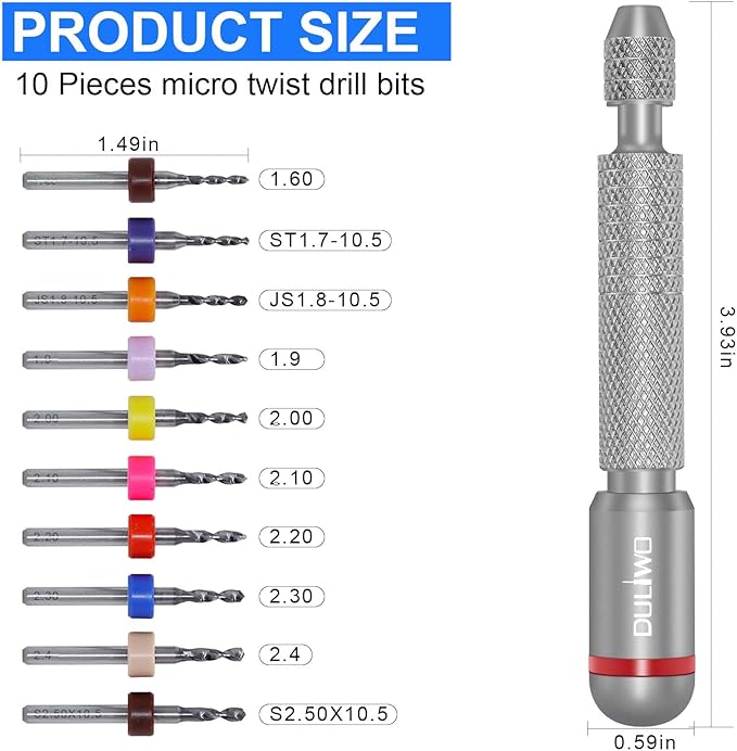 21 PCS Hand Drill Set, Pin Vise Hand Drill Set Including 10 PCS (1.6-2.5mm) Miniature Mini Drill Bits and 10 PCS (0.5-3.2mm) PCB Mini Chuck Chuck for Jewelry DIY, Resin, Wood, Model Making