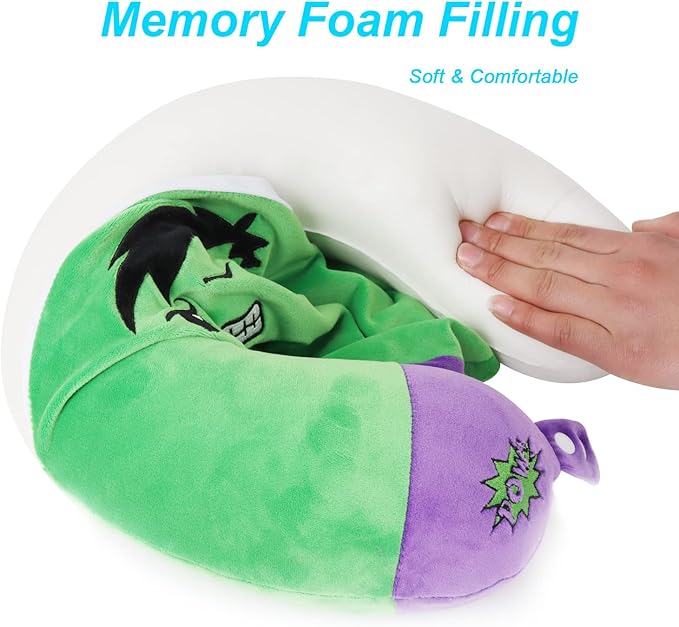 Superhero Travel Pillow for Kids & Adults with Sleep Eye Mask, Memory Foam U-Shaped Neck Pillow with Washable Cover, Soft Head Support Travel Accessories for Airplane Car Train Bus Recline, Green