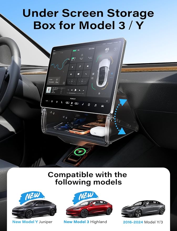 TAZENI Under Screen Storage Box Fit Model Y Juniper Model 3 Highland, Hiddenable Privacy Storage for Model Y 3 Accessories, Center Console Organizer for Model Y 2019~2026 & Model 3 2016-2026