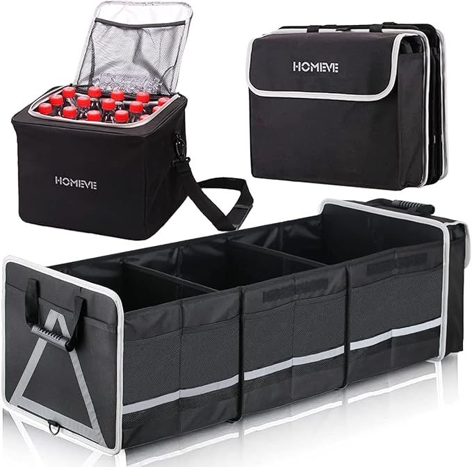 Homeve Trunk Organizer, Car Storage, Reinforced Handles, Collapsible Multi-Compartment, Foldable, Waterproof, Sturdy, 600D Oxford Polyester For Car, SUV, Mini-Van, Black-Large, 3 Compart