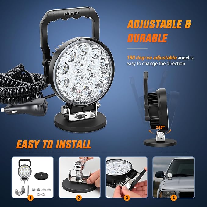 Nilight LED Light Bar 4.5Inch 42W Round Portable Flood Pod Cigarette Lighter Powered with Wiring Magnetic Base 14LEDs Fog Driving Work Roof Bumper Lights for Truck Tractor Golf Cart UTV