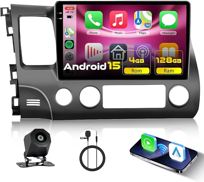[4+128G] Android 15 Car Radio Stereo for Honda Civic 2006-2011 with Wireless CarPlay & Android Auto, 10.1 Inch in-Cell Screen Car Auido with AHD Backup Camera GPS WiFi FM RDS Radio EQ SWC