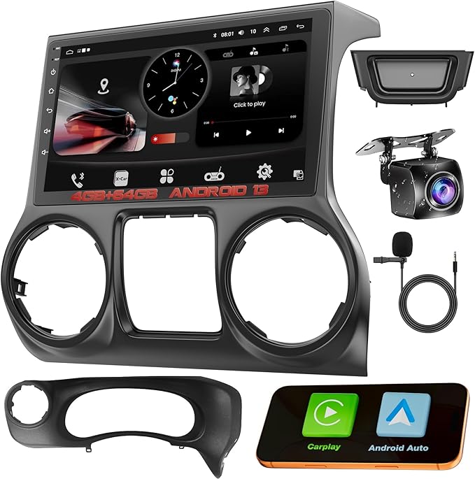 Upgraded Android 13 Car Radio for Jeep Wrangler (2011 2012 2013 2014), 10.2 Inch Car Radio with Carplay&Android Auto Support GPS Navigation, Backup Camera,FM/RDS Radio