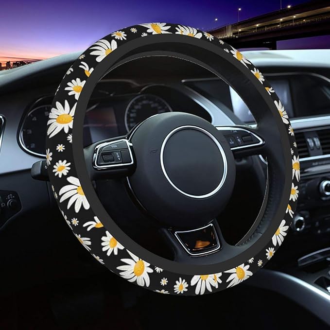 Cute Daisy Flowers Universal 15 Inch Steering Wheel Covers Non Slip Neoprene Car Wrap Cover for Adults