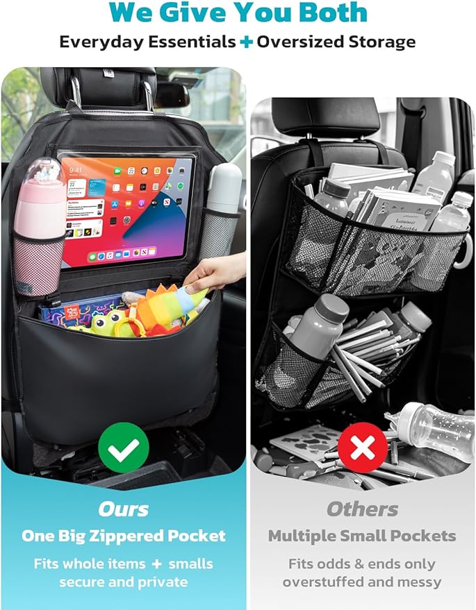 Oasser Seat Back Protector Kick Mats 12.9" I pad Holder 2 Pack XL with 1 Tissue Box Car Seat Organizer Back of Seat Protector Clear 2 Large Car Organizers and Storage