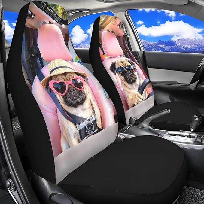 Pug Car Front Seat Covers 2 Pcs Stretch Polyester Fabric Cover Funny Car Seat Covers Protector Anti-Slip Protection Interior Accessories for Most Cars Sedans and SUVs