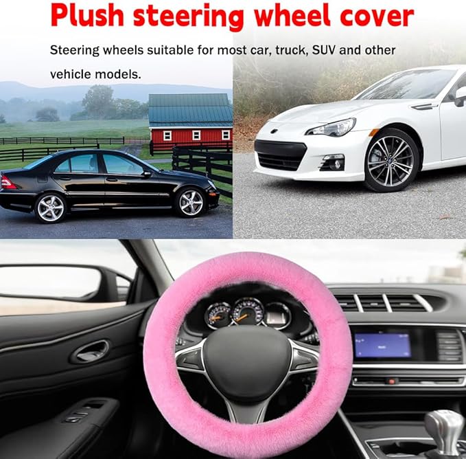 Fluffy Steering Wheel Cover, Winter Warm, Suitable for Most Car Steering Wheels in The 14-15 Inch Range (Pink, 1PCS)
