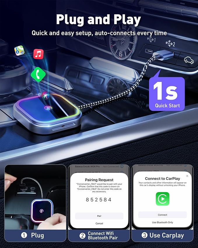 Wireless CarPlay Adapter & Android Auto Dongle, Dual Mode Wired to Wireless Converter, 5.8GHz Fast WiFi, One-Touch Smart Button, Auto-Connect, Plug & Play for Car Stereo