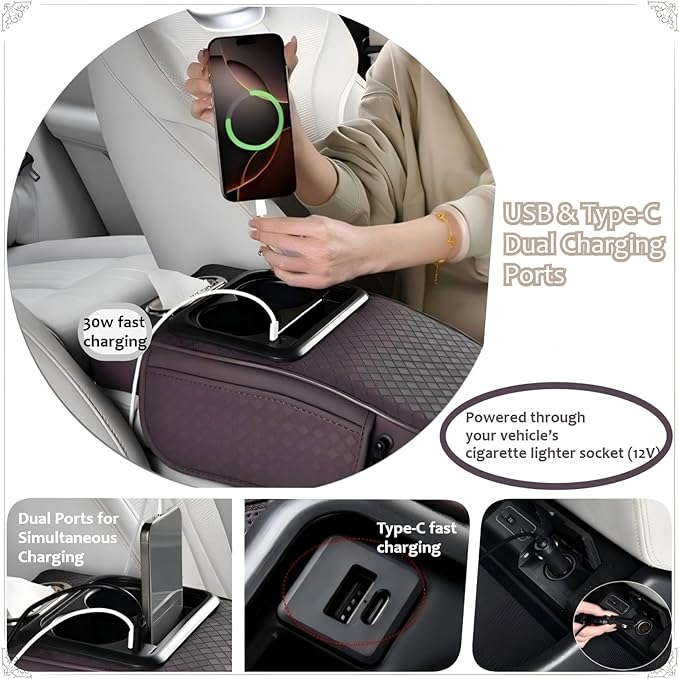 2026 Enhanced Car Center Console Armrest Cushion with USB& Type-C Charging, PU Leather Console Pad with Cup Holders, Storage& Tissue Outlet for Most Vehicles (Flat Version, Coffee)