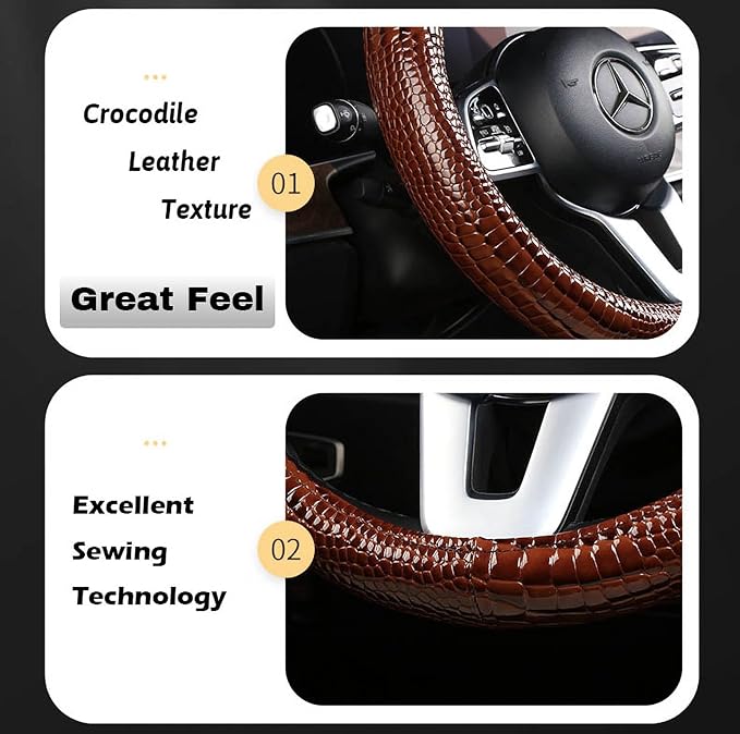 Luxury Crocodile Texture Glossy Leather Car Steering Wheel Cover, New Universal 15 Inch Vehicle Steering Wheel Cover for Cars, Trucks, Suvs, Pickups Interior Accessories (Gray)