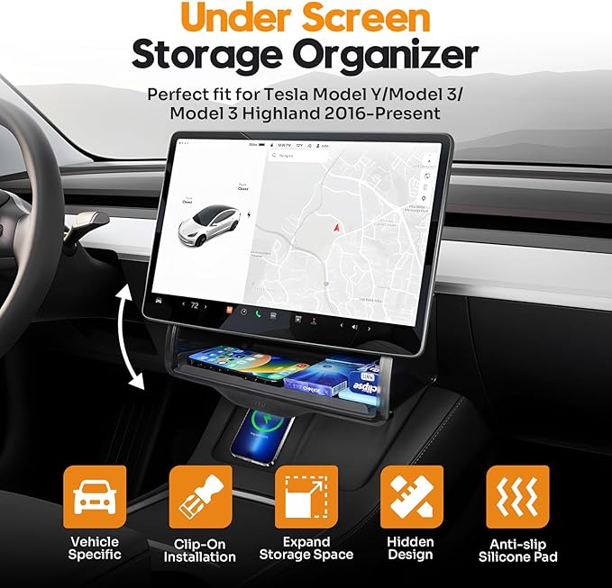 Canvcle Hidden Under Screen Storage Box for 2016-2026 Tesla Model Y/Model 3 Accessories,One‑click open & Silent Damping Slides Center Console Organizer (Fit New Model Y Juniper/Model 3 Highland)