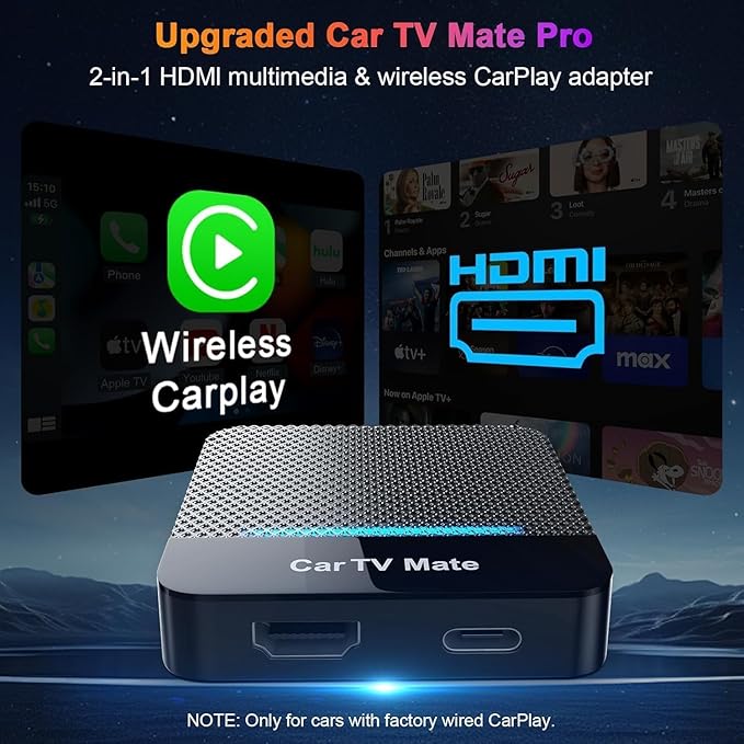 Car TV Mate-HDMl Multimedia Adapter for Fire TV Stick/Google T V Sticks/Game Consoles/Screen Throwers,2 in 1 Carplay T V Adapter with HDMI and USBC Port for iPhone, Convert Wired to Wireless Car Play